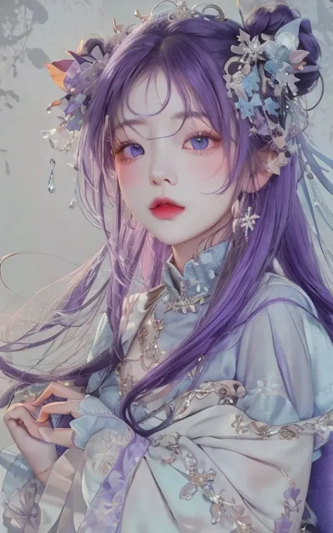 girl with purple eyes and a blue dress, modelshoot style, pastel palette, masterpiece, diversity, ((perfect face)), purple hair