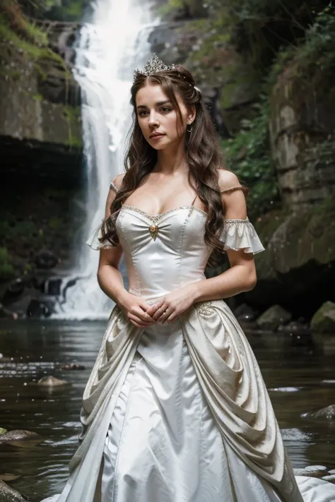 a warrior. a queen. brings a bow in her hand. wears elegant 1700s queen gown. siren eyes. waterfall bride type 2a/wavey hair.