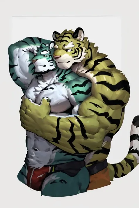 two muscular tiger , furry chest, muscular green tiger hug muscular tiger back, muscular green tiger stand behind, hug from behind, white background, perfect hand, thick furry neck and chest fluff, hand behind head, side view by lindong, by nullghost