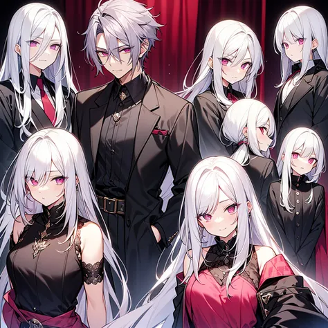 silver hair、slanted eyes、pink eyes、vampire、Handsome guy、male、front