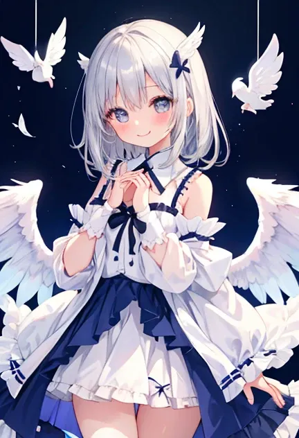 beautiful illustrations, highest quality, pretty girl,beautiful girl、clear face、 half girl、pastel colour ,silver hair、black eyes、smile、blush、にこやかなsmile、thighs、Angel、white wings、fantasy、fantasy、perfect hands、five fingers