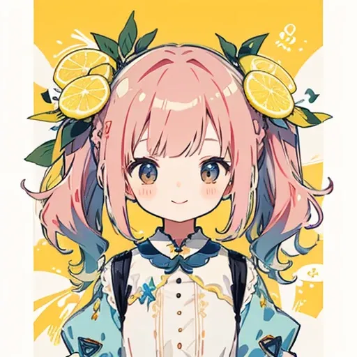 transparent watercolor、girl、jewel eyes、beautiful arrangements and motifs、written boundary depth、flat avatar, 1girl, smile, light pink hair((left and right braids、,short twin tails,wavy hair)), hair with white tips, Fashionable design clothes((blue and whit...