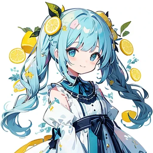 transparent watercolor、girl、jewel eyes、beautiful arrangements and motifs、written boundary depth、flat avatar, 1girl, smile, light pink hair((left and right braids、,short twin tails,wavy hair)), hair with white tips, Fashionable design clothes((blue and whit...