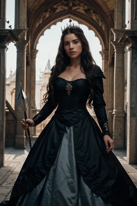 a warrior. a queen. in front of her dark castle. carrying a large arch in her hand. carrying pack of arrows on her back. wears elegant 1700s queen dark gown. long sleeves. siren eyes. hair: bride type 2a/wavy hair. bring an arrow! sharp face features.