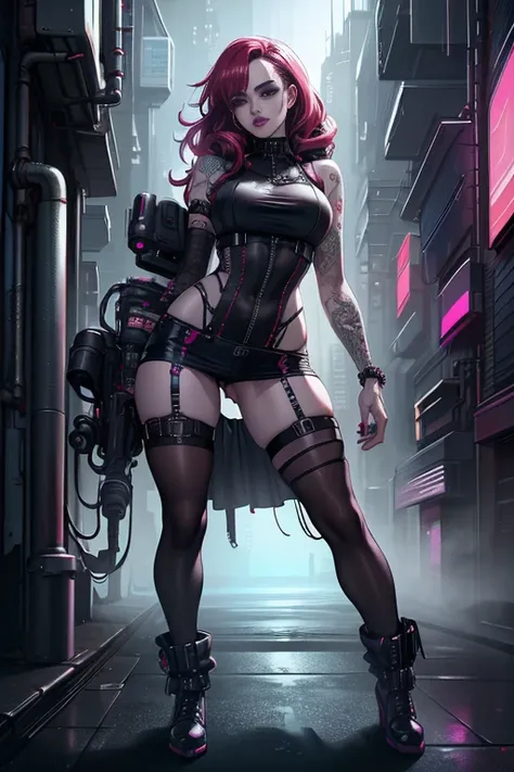 a cyberpunk trad goth subculture gothic trad goth makeup punk post punk, a woman in a transparent cyber armor, usign latex lingerie, chain, 18 years, pale skin, long curly red hair, sexy expression, in the cyberpunk city, blue eyes, camera focus on face, d...