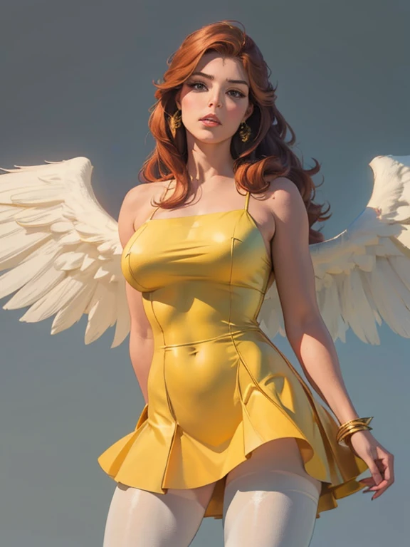 (best quality,8k:1.2,high resolution:1.2),ultra-detalhado,Realistic,vintage godess female,long red straight hair,rosto extremamente detalhado,long eyelashes,big white angel wings,soft yellow and green dress with gold details,tan pantyhose,metalic accessori...