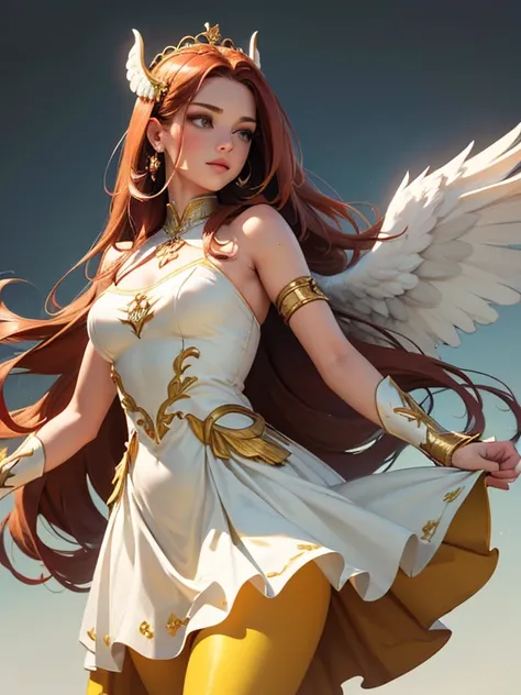 (best quality,8k:1.2,high resolution:1.2),ultra-detalhado,Realistic,vintage godess female,long red straight hair,rosto extremamente detalhado,long eyelashes,big white angel wings,soft yellow and green dress with gold details,tan pantyhose,metalic accessori...