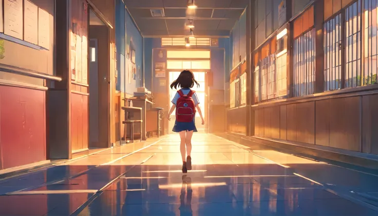 
Elementary schools in Japan、school building、evening， running on the ground、7 year old elementary school student、Rear view、red and black school bag、Filled with fantastic and beautiful light。High quality down to the smallest detail。High resolution、4k