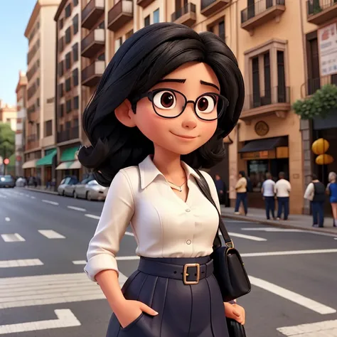 woman with asian features, with medium black hair and black eyes, wearing round glasses. She is visiting Barcelona. She is very happy. She is photographing a street. O fundo da imagem deve estar parcialmente desfocado. The image must follow references to D...