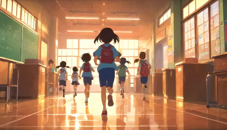 
Children running indoors at a Japanese elementary school、stage、corridor、evening，7 year old elementary school student、Rear view、Filled with fantastic and beautiful light。High quality down to the smallest detail。High resolution、4k