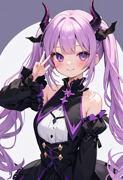 beautiful illustrations, highest quality, pretty girl,beautiful girl、clear face、 half girl、pastel colour ,purple hair、black eyes、smile、blush、にこやかなsmile、thighs、devil、black feather、fantasy、fantasy、perfect hands、five fingers、twin tails、horns on head