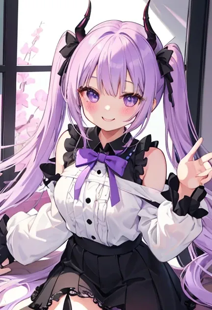 beautiful illustrations, highest quality, pretty girl,beautiful girl、clear face、 half girl、pastel colour ,purple hair、black eyes、smile、blush、にこやかなsmile、thighs、devil、black feather、fantasy、fantasy、perfect hands、five fingers、twin tails、horns on head