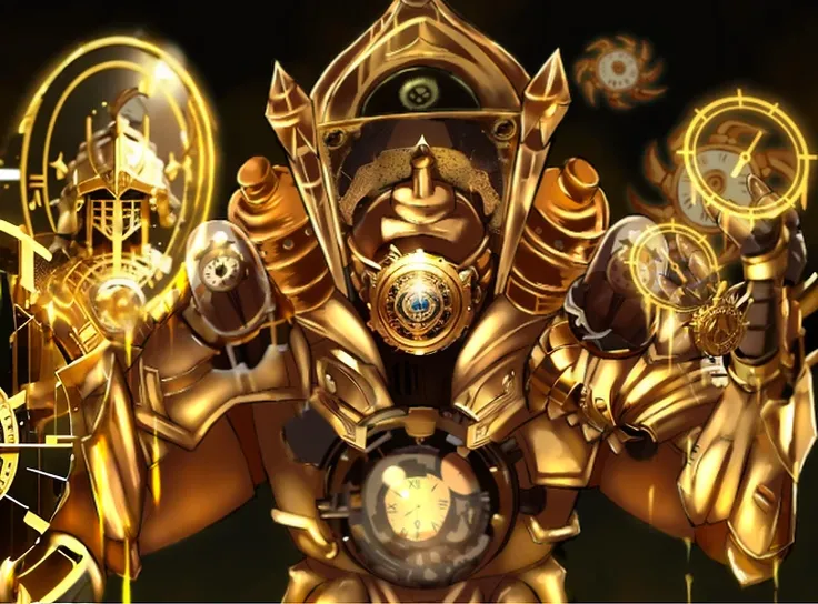 There is a golden statue，There&#39;s a clock on it, Golden Steampunk, Gorgeous gold-plated cosmic machine, intricate Golden armor, Golden heavy armor. dramatic, Golden armor, 8k high definition wallpaper jpeg artifact, 8k high definition wallpaper jpeg art...