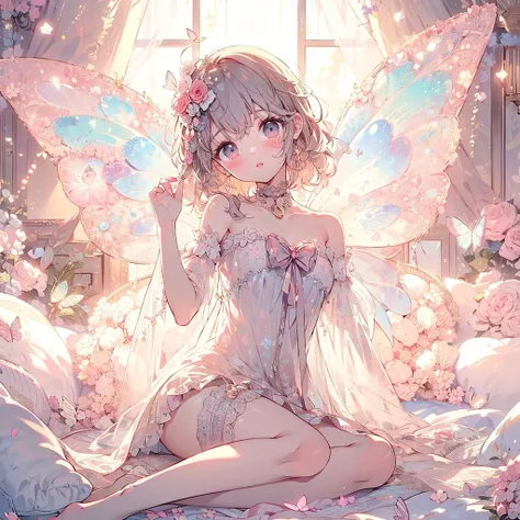 (exquisite, beautiful, very detailed, masterpiece, high quality,High resolution),(Soft thin lines:1.2, beautiful, Delicate and cute face), (Butterfly-like fairy wings growing from her back),from a little far away,body whole,night,Fairy princess lying on st...