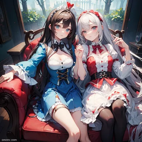 Please draw a scene where a female character based on Alice in Wonderland and a female character based on the Queen of Hearts are holding hands.