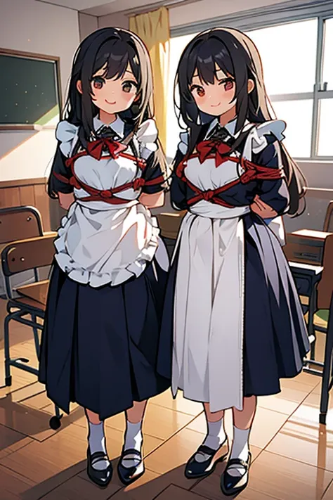 beautiful facial features,collar,Correct human body structure,perfect,((Two young girls in classroom)),full body pictures,Long black hair,Rope bondage,((arms behind back)),Expecting smile,tongue licking lips,maid outfit,stand,Looking at the camera lovingly