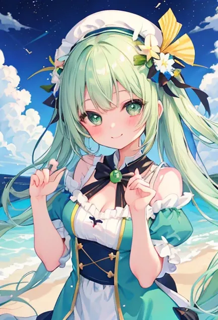 beautiful illustrations, highest quality, pretty girl,beautiful girl、clear face、 half girl、pastel colour ,green hair、black eyes、smile、blush、にこやかなsmile、thighs、fantasy、fantasy、perfect hands、five fingerermaid、In the sea