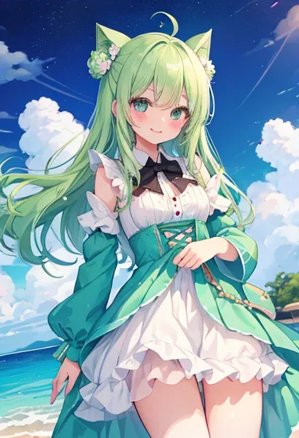 beautiful illustrations, highest quality, pretty girl,beautiful girl、clear face、 half girl、pastel colour ,green hair、black eyes、smile、blush、にこやかなsmile、thighs、fantasy、fantasy、perfect hands、five fingerermaid、In the sea