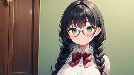 masterpiece,highest quality,wonderful,finely,High resolution,1 girl, big breasts,(twin braids:1.3), black hair, glasses, green eyes,full body