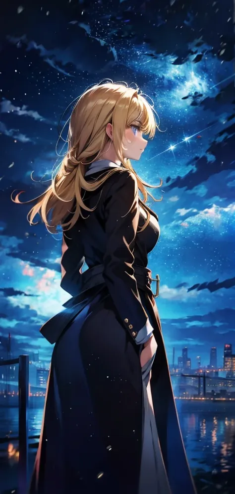 blonde woman，long coat，rear view，silhouette，starry sky，full moon，