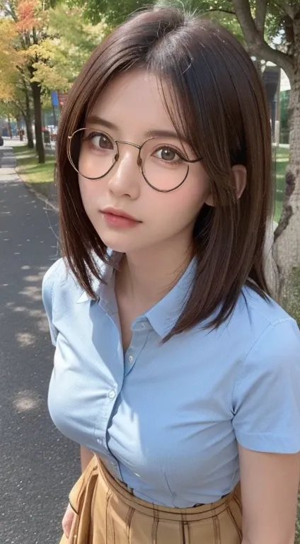 ((highest quality, 8K, masterpiece :1.3)), 1 girl, Slender pretty woman :1.3, (brown hair, shortcut, small breasts:1.2), Burberry checked collared shirt, super detailed face, Highly detailed eye resolution, double eyelid、((Low - Angle))、(layer cut、shaggy、H...