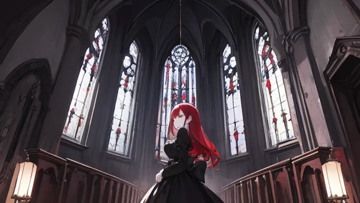 Gothic Lolita,classic,Victorian era,Demon King&#39;s Castle,church,red hair,long hair girl,dark atmosphere