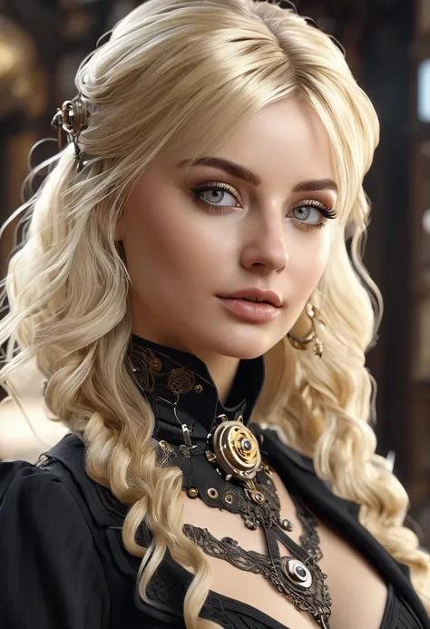 Masterpiece best quality, ultra high resolution, 4K detaillierte CG (Adriana Malkova 1.0) strahlende Augen, blondes Haar, Steampunk, mit schwarzem Split-Off-Meshkleid und Stiefeln,
Info
