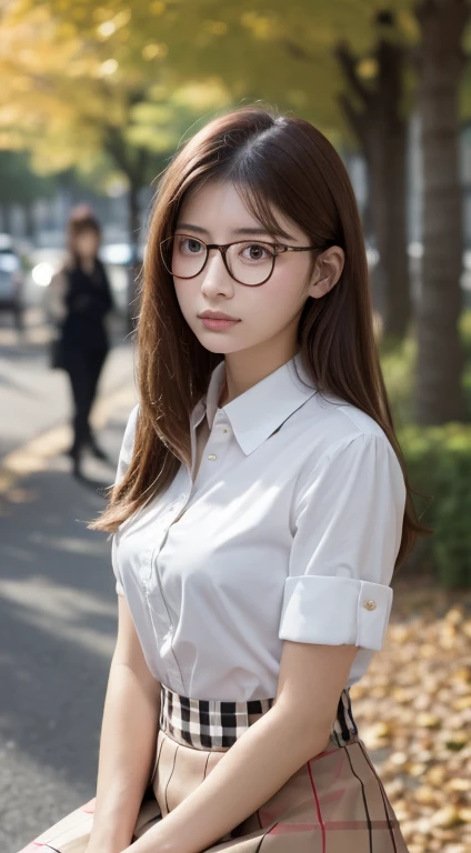 ((highest quality, 8K, masterpiece :1.3)), 1 girl, Slender pretty woman :1.3, (brown hair, shortcut, small breasts:1.2), ((Burberry checked collared shirt)), super detailed face, Highly detailed eye resolution, double eyelid、((Low - Angle))、(semi-long、Hair...