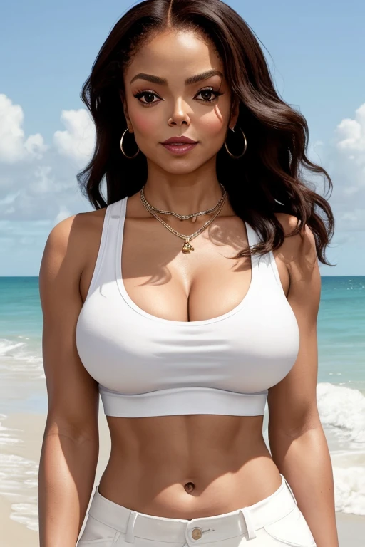 Janet Jackson baring her midriff in a white tank top, at a beach in Florida ((best quality)), ((masterpiece)), ((big breasts)), ((cleavage)), ((midriff))