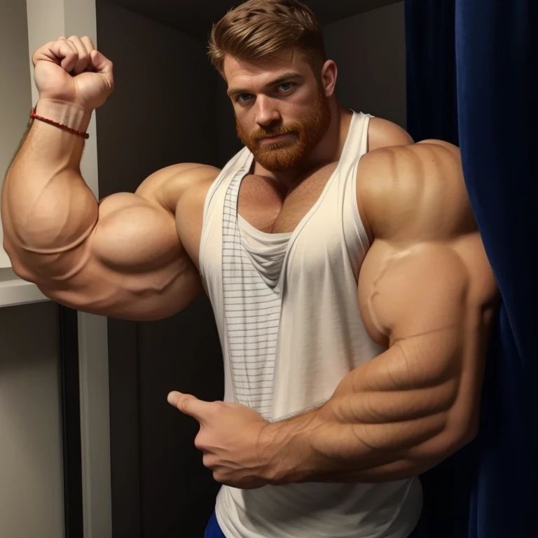 ginger daddy, (1boy), (soft smile), tan skin, (natural daylight:1.3), flexing biceps, perfect biceps, round biceps, arm flexed, bicep flexing pose, (good face:1.5), (male model:1.3), dimly lit, dark studio, very handsome male model with a beard, ginger, bo...