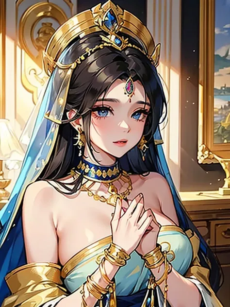 long black hair and blue eyes, she wears Indian attire in shades of blue with gold embroidery and gold jewelry on her wrists, gold earrings and a gold necklace around her neck, and wears a long blue Indian veil, the bottom and a large room looking like a t...