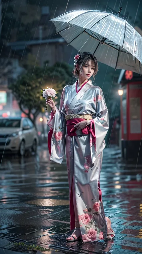 (RAW shooting:1.5, Photoreal, 8K, highest quality, masterpiece, ultra high resolution), (((Summer Night Rain))), perfect dynamic composition:1.2, (In front of a shrine at night in a modern city, expression of sadness:0.9, Tears are flowing:0.9, cry with a ...