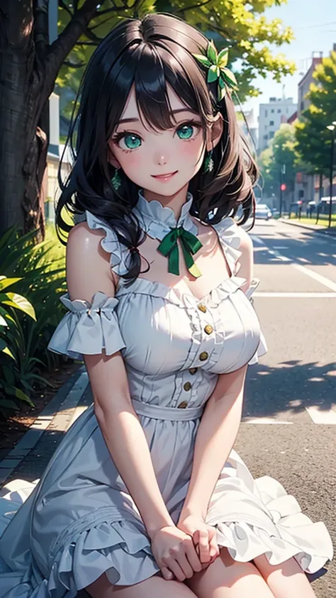 (Ultra high detail、highest quality、official art)、(attractive woman)、28 years old、black hair、wavy hair、from head to knees、big bust、white dress、frills、ribbon、emerald green eyes、Big eyes、smile、Bright tree-lined avenue、(Delicate）An illustration)、Light、Light、