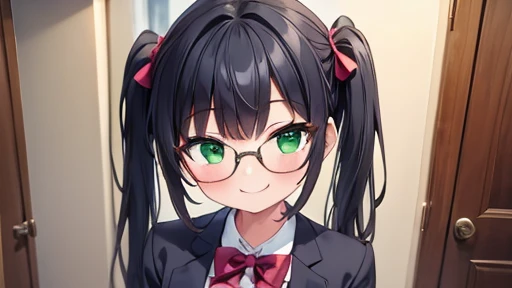 masterpiece,highest quality,wonderful,finely,High resolution,1 girl, big breasts,(fingersmile:1.3), black hair, glasses, green eyes,twin tails, full body