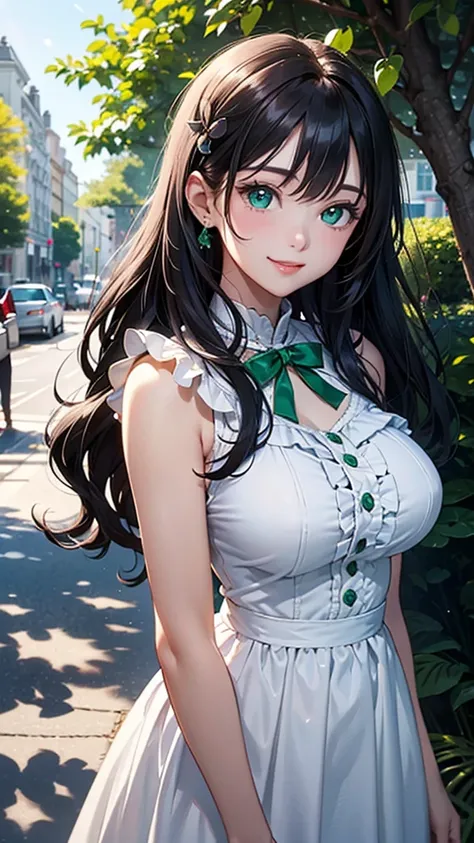 (Ultra high detail、highest quality、official art)、(attractive woman)、28 years old、black hair、wavy hair、from head to knees、big bust、white dress、frills、ribbon、emerald green eyes、Big eyes、smile、Bright tree-lined avenue、(Delicate）An illustration)、Light、Light、