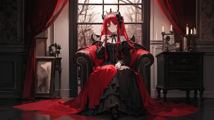 Gothic Lolita,classic,Victorian era,Demon King&#39;s Castle,red hair,long hair girl,dark atmosphere,gothic