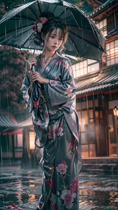 (RAW shooting:1.5, Photoreal, 8K, highest quality, masterpiece, ultra high resolution), ((Summer Night Rain)), perfect dynamic composition:1.2, (In front of a shrine at night in a modern city, expression of sadness:0.9, Tears are flowing:0.9, cry with a br...