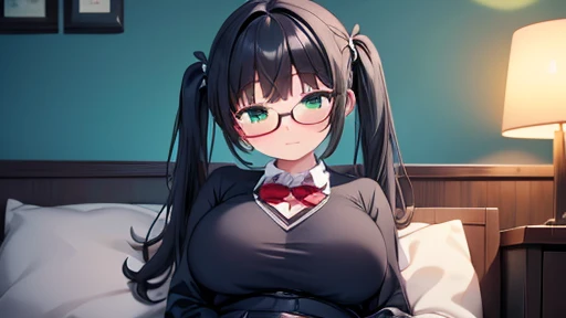 masterpiece,highest quality,wonderful,finely,High resolution,1 girl, big breasts,(sleepy:1.3), black hair, glasses, green eyes, twin tails, full body