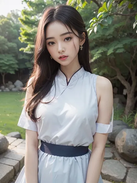 1 realistically beautiful girl, waist length hair, black eyes, ancient Ao Dai, style hanfu, wearing a thin silk shirt of ancient China, pink and smooth white skin, wearing a discreet ancient style ao dai, appears shoulders and head in the photo,cute little...