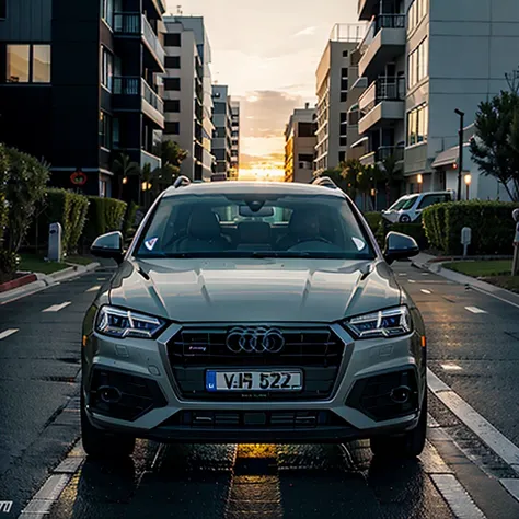 audi q5 2022, black, modified, nascar style vehicle, with lowered suspension, parked on the road in the beach at sunset