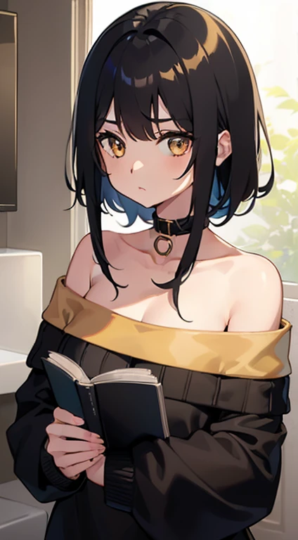 ((1girl)) ((bathroom)) lightly tan complexion, looking at the cam while holding a book, ((light golden eyes with black shoulder length hair)) ((clothing, off shoulder black sweater)) ((collarbone and shoulder highlights)) ((setting)) [inside a dimly lit ro...