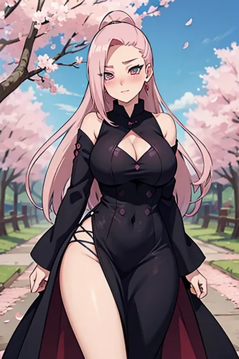 a pink haired woman with violet eyes and an hourglass figure in a conservative gothic naruto style outfit is blushing in a flurr...