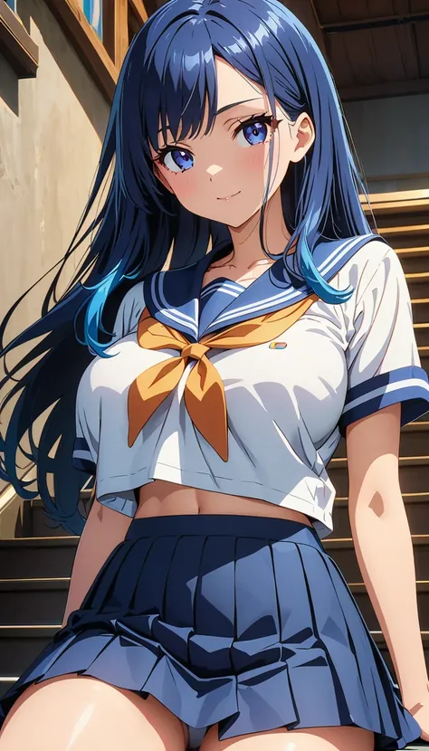 (anime artwork, anime style, studio anime, very detailed, up to date, vibrant, Anime Coloring, high contrast, masterpiece:1.2, best quality, best aesthetics), woman in sailor suit, pleated skirt, big breasts, A glimpse of thighs, blue hair, long straight h...