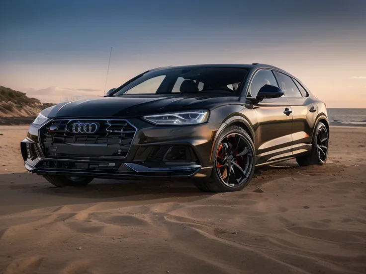 um close de um audi suv preto estacionado em uma praia, vehicle photography, fotografia automotiva, editado, fotografia comercia...