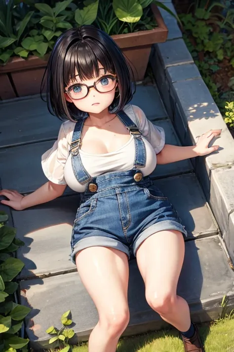 (highest quality), one girl, ((((Loli)))), (((short))), (legs are too thin), (butt is very small), brown short bob cut hair, Round black glasses, Yellow Meccha, cute face, ((child)), ((((BREAK Only her breasts are too big)))), (((big breasts))), Navy blue ...