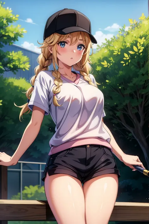 a blonde haired woman in a baseball cap with a basketball jersey and short shorts, 1girl, solo, breasts, blonde hair, shorts, blue eyes, twin braids, hat, long hair, braid, outdoors, short shorts, blush, looking at viewer, day, sweater, baseball cap, black...