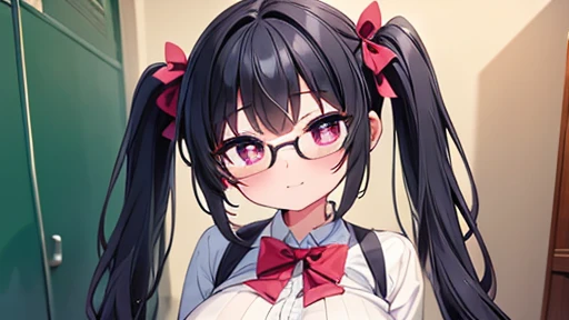 masterpiece,highest quality,wonderful,finely,High resolution,1 girl, big breasts,(heart shaped pupils:1.3), black hair, glasses, green eyes,twin tails, full body