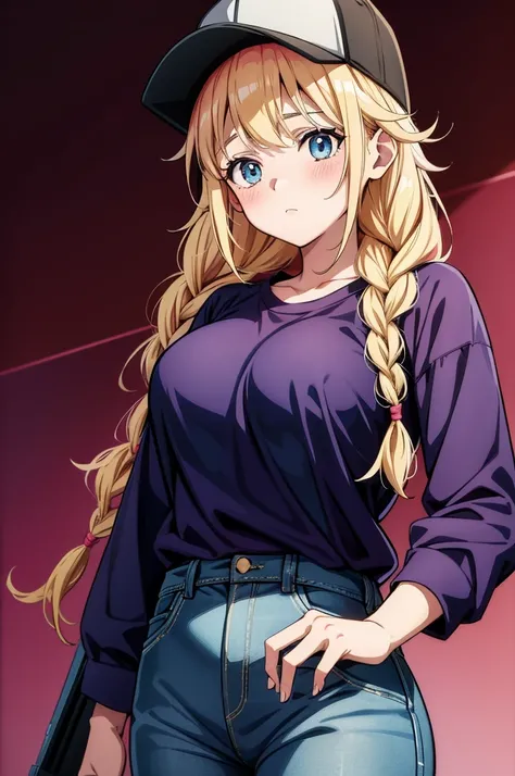 a anime cartoon character wearing a pink shirt and hat and holding a large rifle, 1girl, solo, twin braids, hat, blonde hair, blue eyes, braid, long hair, baseball cap, denim, pants, blush, black headwear, long sleeves, looking at viewer, bangs, breasts