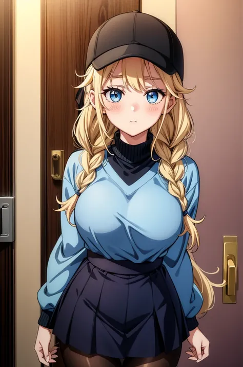 a anime girl with heavy top on with hat looks in door to lock it, 1girl, solo, breasts, blonde hair, hat, twin braids, blue eyes, braid, black headwear, looking at viewer, long hair, blush, long sleeves, pantyhose, sweater, baseball cap, turtleneck, closed...