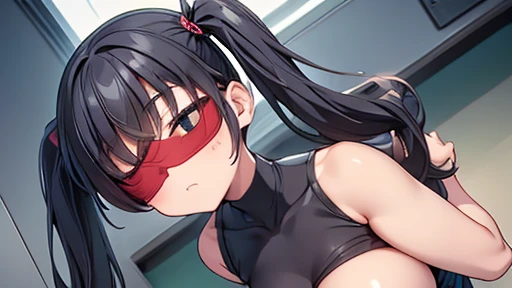 masterpiece,highest quality,wonderful,finely,high resolution,1 girl, big breasts,(blindfold:1.3), black hair, glasses, green eye...